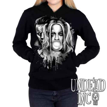 Harley Quinn & Joker Paint Splatter Black & Grey - Ladies / Juniors Fleece Hoodie