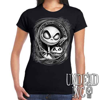 Jack Skellington Haunted Portrait Black & Grey - Ladies T Shirt