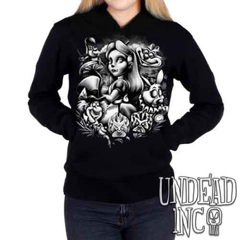 Alice In Wonderland Mad World Black & Grey - Ladies / Juniors Fleece Hoodie