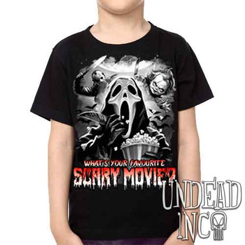 What's your favourite scary movie? Black & Grey - Kids Unisex Girls and Boys T shirt