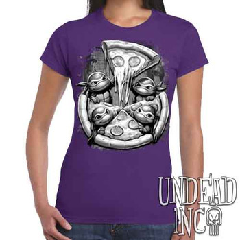 Ninja Turtles Pizza Black & Grey  - Women's FITTED PURPLE T-Shirt