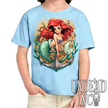 Ariel Anchor Tattoo Art - Kids Unisex BLUE Girls and Boys T shirt