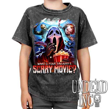 What's your favourite scary movie? - Kids Unisex STONE WASH Girls and Boys T shirt