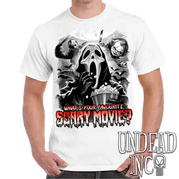 What's your favourite scary movie? Black & Grey - Men's White T-Shirt