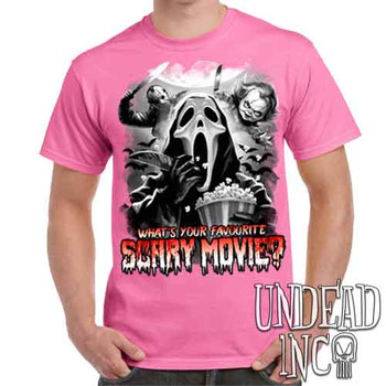 What's your favourite scary movie? Black & Grey - Men's Pink T-Shirt