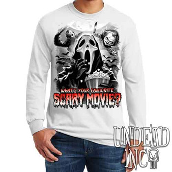 What's your favourite scary movie? Black & Grey - Men's Long Sleeve WHITE Tee