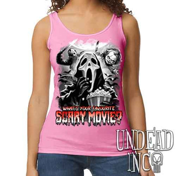 What's your favourite scary movie? Black & Grey - Ladies PINK Singlet Tank