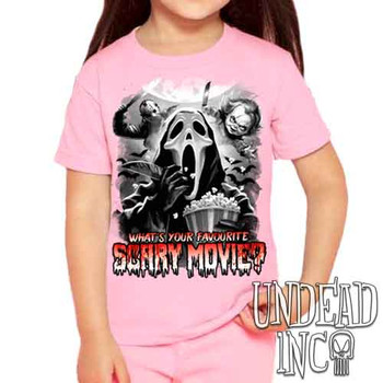 What's your favourite scary movie? Black & Grey - Kids Unisex PINK Girls and Boys T shirt