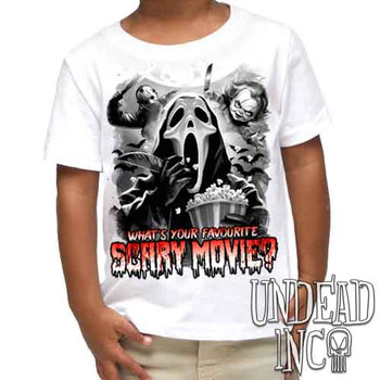 What's your favourite scary movie? Black & Grey - Kids Unisex WHITE Girls and Boys T shirt