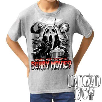 What's your favourite scary movie? Black & Grey - Kids Unisex GREY Girls and Boys T shirt