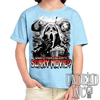 What's your favourite scary movie? Black & Grey - Kids Unisex BLUE Girls and Boys T shirt