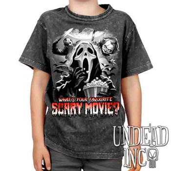 What's your favourite scary movie? Black & Grey - Kids Unisex STONE WASH Girls and Boys T shirt