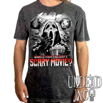 What's your favourite scary movie? Black & Grey - UNISEX STONE WASH T-Shirt