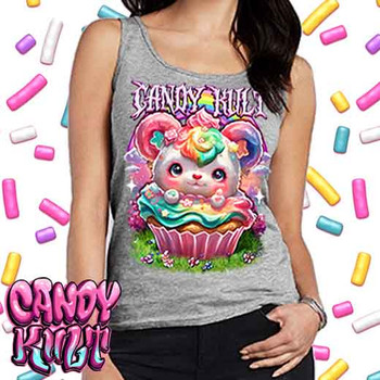 Hardcore Rainbow Bear Retro Candy - Ladies GREY Singlet Tank