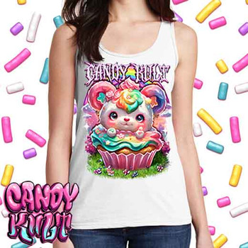 Hardcore Rainbow Bear Retro Candy - Ladies WHITE Singlet Tank