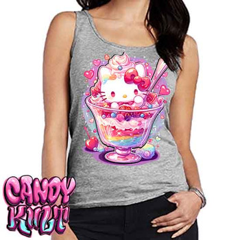 Sundae Kitty Kawaii Candy - Ladies GREY Singlet Tank