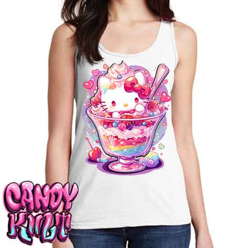 Sundae Kitty Kawaii Candy - Ladies WHITE Singlet Tank