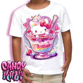 Sundae Kitty Kawaii Candy - Kids Unisex WHITE Girls and Boys T shirt