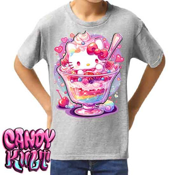 Sundae Kitty Kawaii Candy - Kids Unisex GREY Girls and Boys T shirt