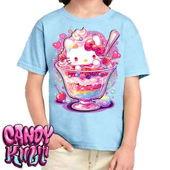Sundae Kitty Kawaii Candy - Kids Unisex BLUE Girls and Boys T shirt