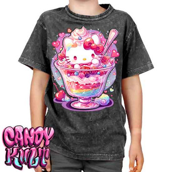 Sundae Kitty Kawaii Candy - Kids Unisex STONE WASH Girls and Boys T shirt