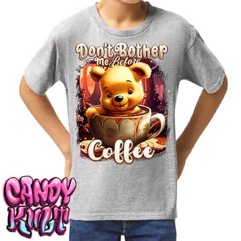 Don't Bother Me Before Coffee Candy Toons - Kids Unisex GREY Girls and Boys T shirt
