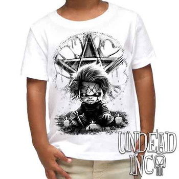 Chucky Pentagram Black & Grey - Kids Unisex WHITE Girls and Boys T shirt