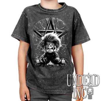 Chucky Pentagram Black & Grey - Kids Unisex STONE WASH Girls and Boys T shirt