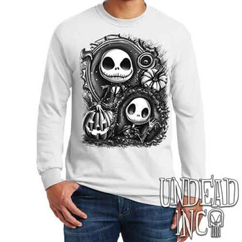 Jack Skellington Pumpkin Patch Black & Grey - Men's Long Sleeve WHITE Tee