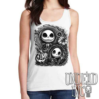 Jack Skellington Pumpkin Patch Black & Grey - Ladies WHITE Singlet Tank