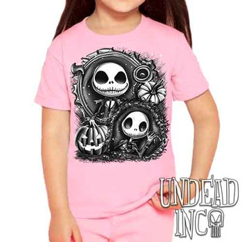 Jack Skellington Pumpkin Patch Black & Grey - Kids Unisex PINK Girls and Boys T shirt