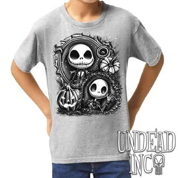 Jack Skellington Pumpkin Patch Black & Grey - Kids Unisex GREY Girls and Boys T shirt