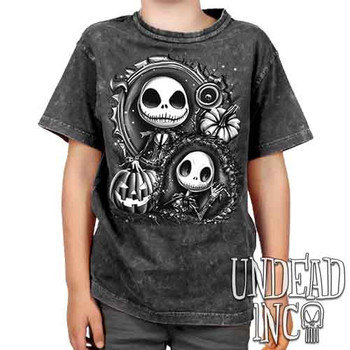 Jack Skellington Pumpkin Patch Black & Grey - Kids Unisex STONE WASH Girls and Boys T shirt