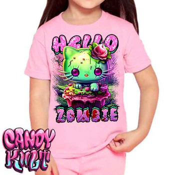 Zombie Kitty Fright Candy - Kids Unisex PINK Girls and Boys T shirt