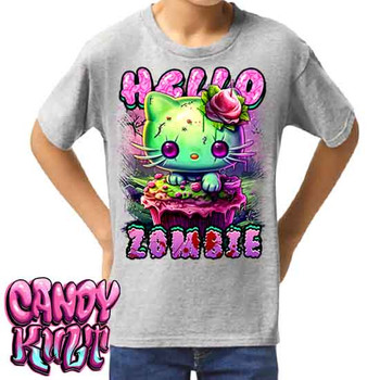 Zombie Kitty Fright Candy - Kids Unisex GREY Girls and Boys T shirt