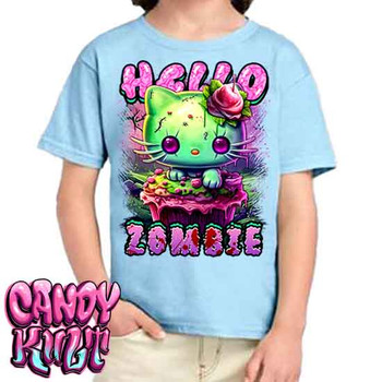 Zombie Kitty Fright Candy - Kids Unisex BLUE Girls and Boys T shirt