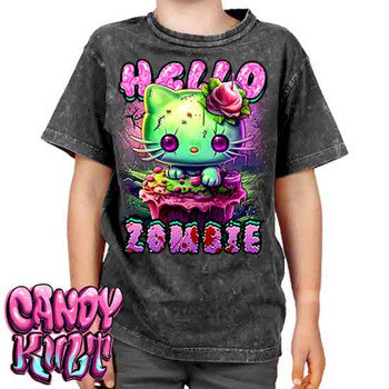 Zombie Kitty Fright Candy - Kids Unisex STONE WASH Girls and Boys T shirt