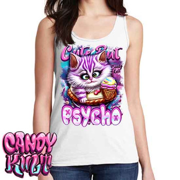 Cute But Psycho Cheshire Cat Candy Kult - Ladies WHITE Singlet Tank
