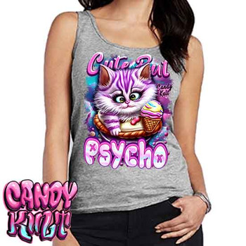 Cute But Psycho Cheshire Cat Candy Kult - Ladies GREY Singlet Tank