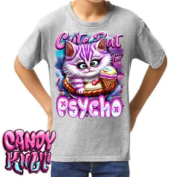 Cute But Psycho Cheshire Cat Candy Kult - Kids Unisex GREY Girls and Boys T shirt