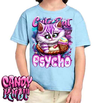 Cute But Psycho Cheshire Cat Candy Kult - Kids Unisex BLUE Girls and Boys T shirt