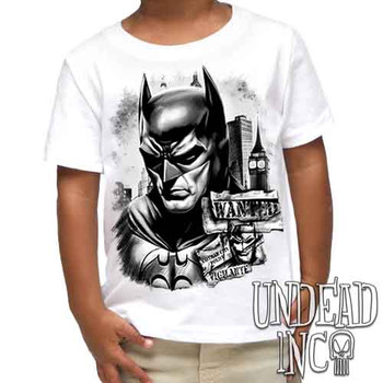 Wanted Vigilante Black & Grey - Kids Unisex WHITE Girls and Boys T shirt