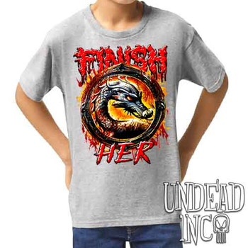 Mortal Kombat Finish Her - Kids Unisex GREY Girls and Boys T shirt