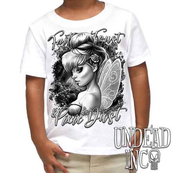 Tinkerbell Pixie Dust Black & Grey - Kids Unisex WHITE Girls and Boys T shirt