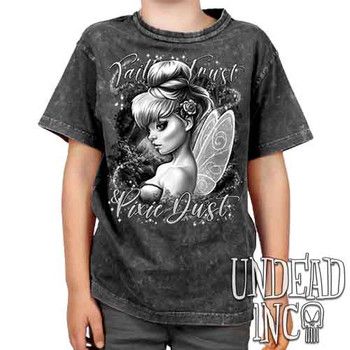 Tinkerbell Pixie Dust Black & Grey - Kids Unisex STONE WASH Girls and Boys T shirt