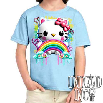 Kitty Rainbow - Kids Unisex BLUE Girls and Boys T shirt