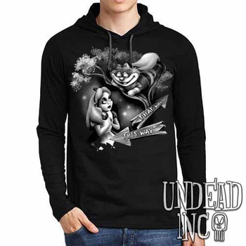 Alice In Wonderland Cheshire Cat THAT WAY Black Grey Mens Long Sleeve Hooded Shirt