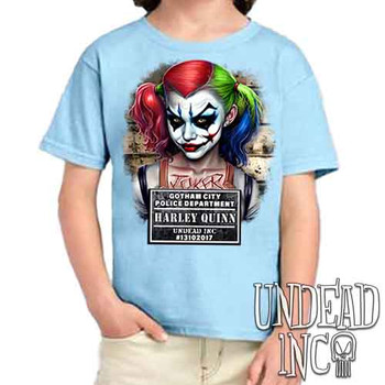 Harley Quinn Mugshot - Kids Unisex BLUE Girls and Boys T shirt