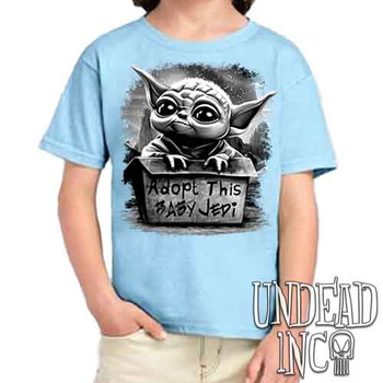 Grogu Adopt Me Black & Grey - Kids Unisex BLUE Girls and Boys T shirt