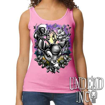 Bambi Woodland Antlers Black & Grey - Ladies PINK Singlet Tank